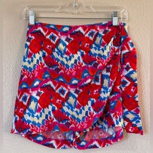 Zara Ikat Print Ruffle Wrap Mini Skort Red Blue White NWT Medium